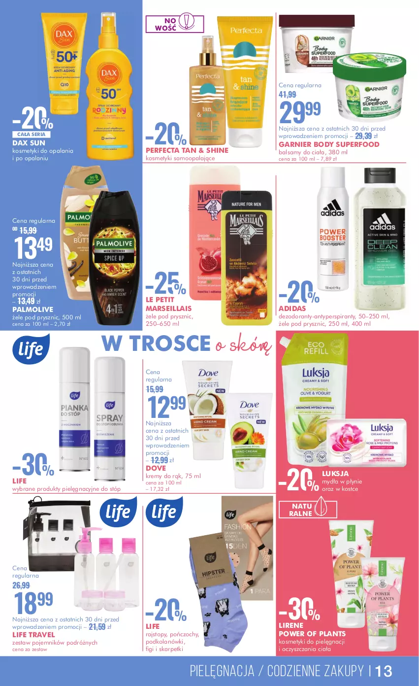 Gazetka promocyjna Super Pharm - Gazetka - ważna 15.05 do 28.05.2024 - strona 13 - produkty: Adidas, Antyperspirant, Body, DAX, Dezodorant, Dove, Garnier, Karp, Kosmetyki do pielęgnacji, Lirene, Luksja, Mars, Palmolive, Perfecta, Pojemnik, Pończochy, Rajstopy, Ser, Skarpetki, Top