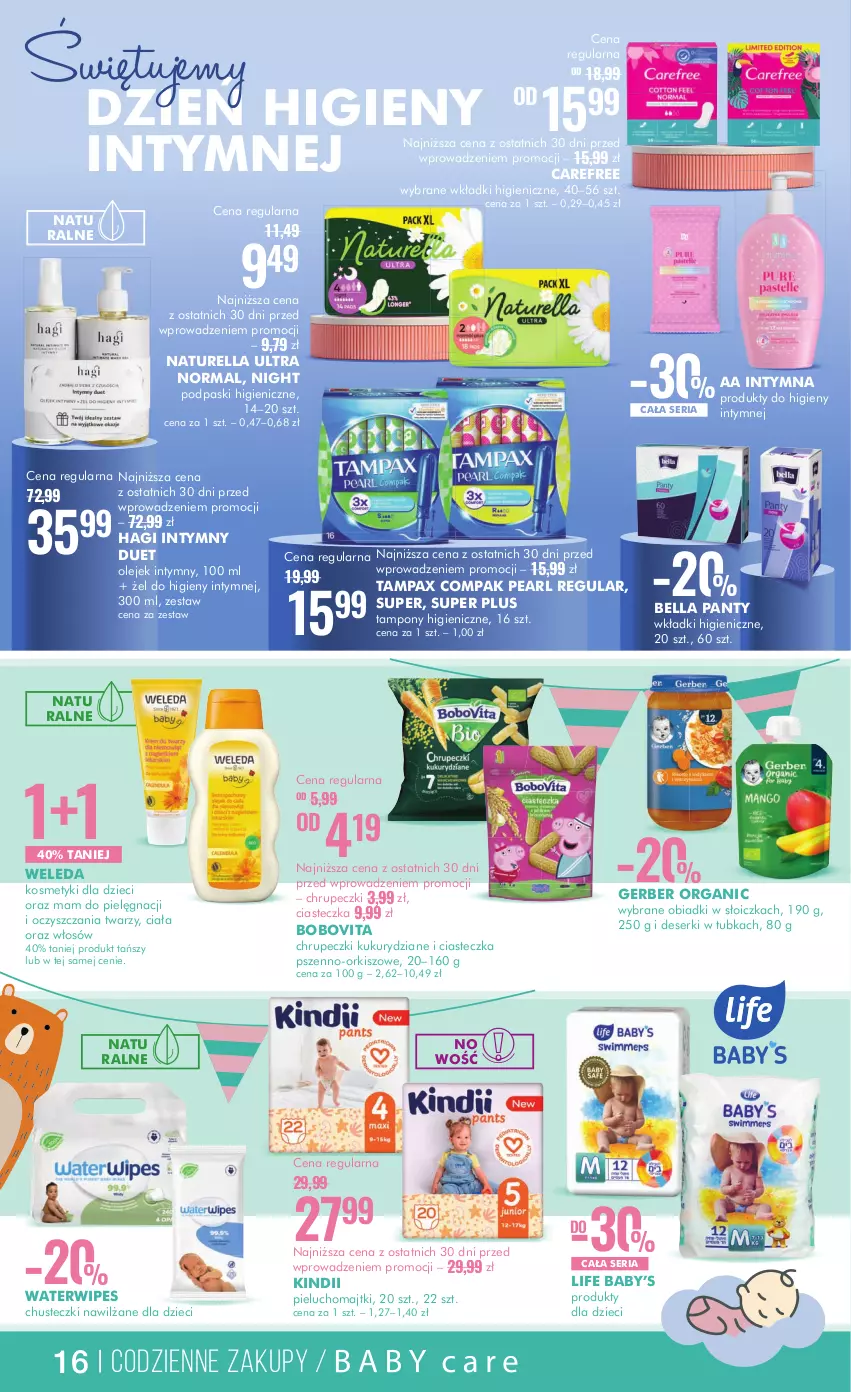 Gazetka promocyjna Super Pharm - Gazetka - ważna 15.05 do 28.05.2024 - strona 16 - produkty: Bell, Bella, BoboVita, Carefree, Chusteczki, Deser, Dzieci, Gerber, Kindii, Kosmetyki dla dzieci, Majtki, Naturell, Naturella, Olej, Pax, Pieluchomajtki, Podpaski, Ser, Tampax, Tampony, Vita C, Weleda, Wkładki