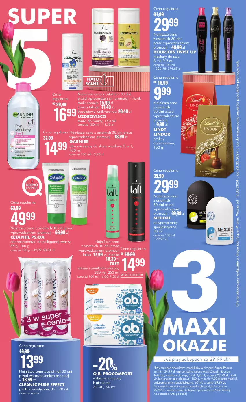 Gazetka promocyjna Super Pharm - Gazetka - ważna 15.05 do 28.05.2024 - strona 2 - produkty: Antyperspirant, Bourjois, Cetaphil, Cleanic, Garnier, Kosmetyki do pielęgnacji, Lakier, Lindor, Lindt, Maska, O.B., Olej, Płatki kosmetyczne, Płyn micelarny, Praliny, Pur, Taft, Tampony, Tonik, Tulipan