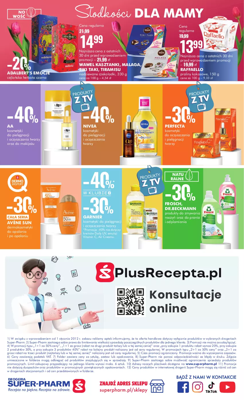 Gazetka promocyjna Super Pharm - Gazetka - ważna 15.05 do 28.05.2024 - strona 20 - produkty: Avène, Dres, Fa, Frosch, Garnier, Gra, Herbata, Herbata czarna, Kokos, Kosmetyki do pielęgnacji, Makijaż, Nivea, Olej, Perfecta, Praliny, Raffaello, Ser, Wawel