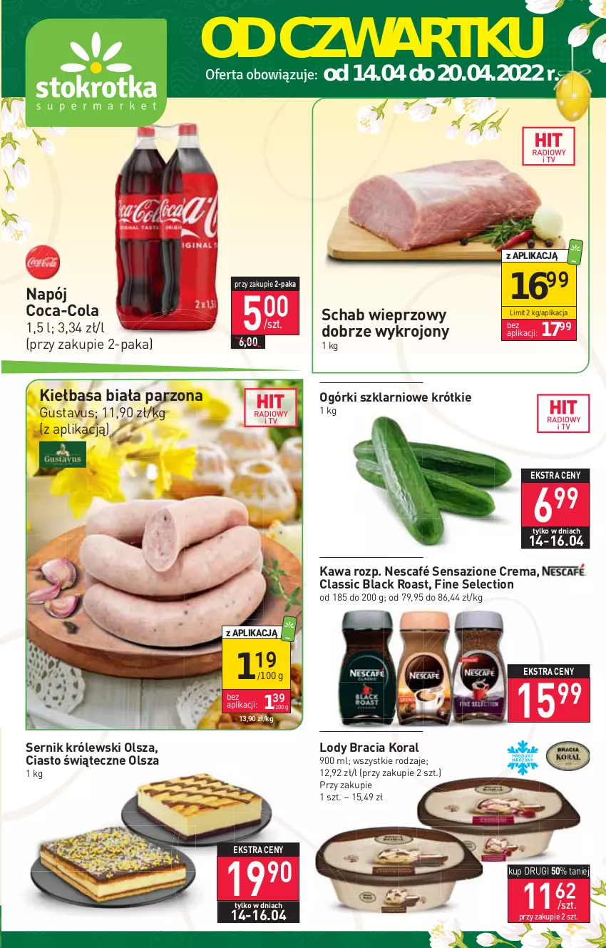 Gazetka promocyjna Stokrotka - Supermarket - ważna 14.04 do 20.04.2022 - strona 1 - produkty: Coca-Cola, Kawa, Kiełbasa, Kiełbasa biała, Królewski, Lack, Lody, Napój, Nescafé, Schab wieprzowy, Ser