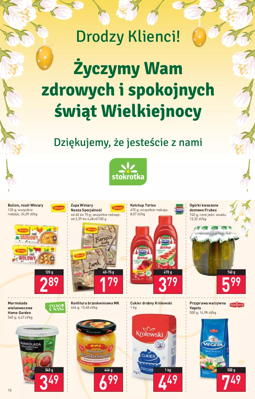 Gazetka promocyjna Stokrotka - Supermarket - ważna 14.04 do 20.04.2022 - strona 10 - produkty: Bulion, Cukier, Ketchup, Konfitura, Królewski, Lion, Marmolada, Mola, Rosół, Vegeta, Winiary, Zupa