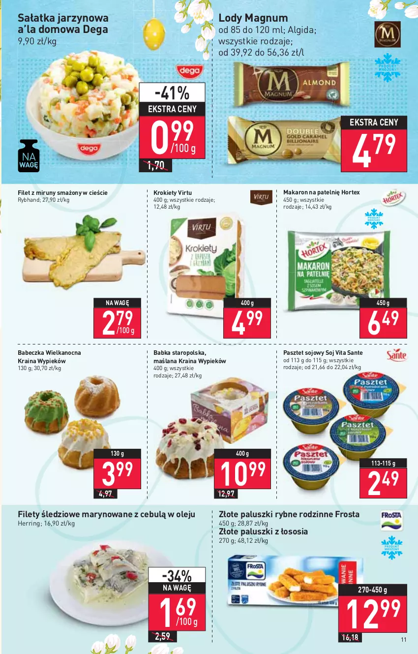 Gazetka promocyjna Stokrotka - Supermarket - ważna 14.04 do 20.04.2022 - strona 11 - produkty: Algida, Babka, Dega, Frosta, Hortex, Krokiety, LANA, LG, Lody, Makaron, Olej, Paluszki rybne, Pasztet, Sałat, Sałatka, Sante, Sos, Virtu