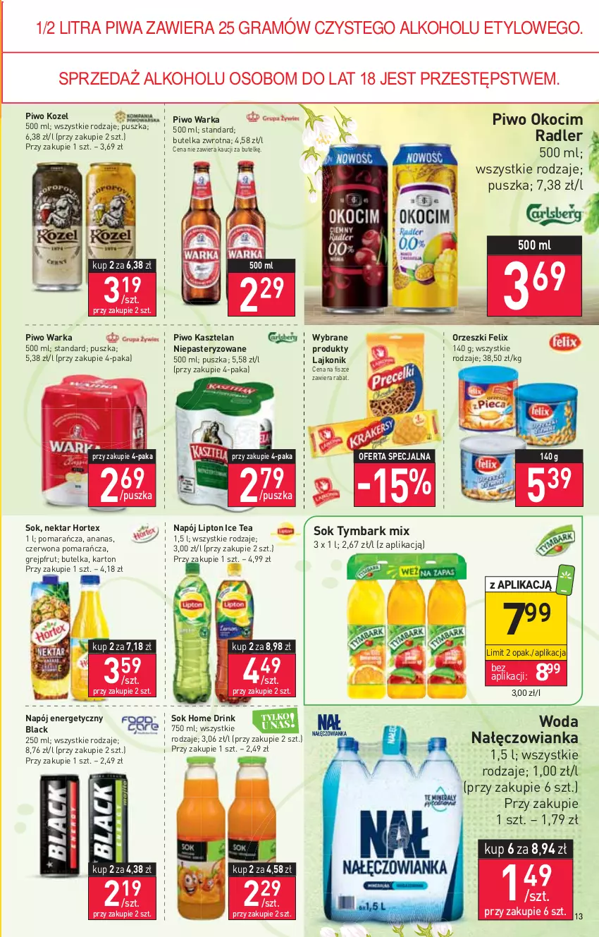 Gazetka promocyjna Stokrotka - Supermarket - ważna 14.04 do 20.04.2022 - strona 13 - produkty: Ananas, Felix, Gra, Grejpfrut, Hortex, Ice tea, Kasztelan, Koc, Kozel, Lack, Lajkonik, Lipton, Nałęczowianka, Napój, Napój energetyczny, Nektar, Okocim, Orzeszki, Piwa, Piwo, Radler, Sok, Tymbark, Warka, Woda