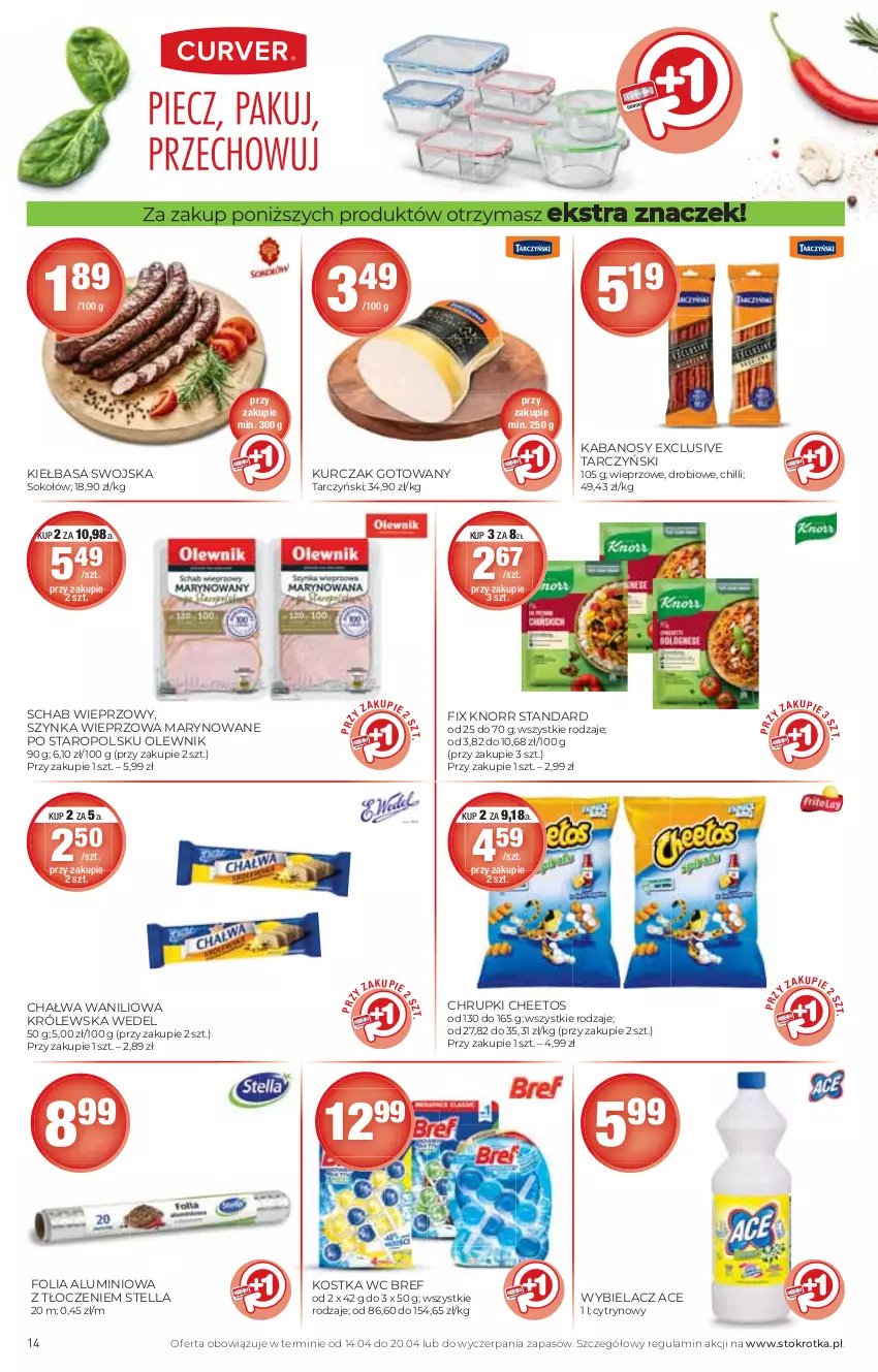 Gazetka promocyjna Stokrotka - Supermarket - ważna 14.04 do 20.04.2022 - strona 14 - produkty: Bref, Chałwa, Cheetos, Chrupki, Folia aluminiowa, Kabanos, Kiełbasa, Knorr, Kurczak, Kurczak gotowany, Olewnik, Schab wieprzowy, Sok, Sokołów, Szynka, Szynka wieprzowa, Tarczyński