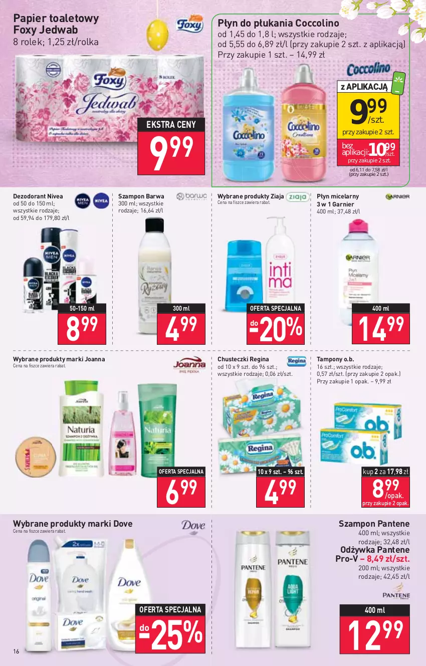 Gazetka promocyjna Stokrotka - Supermarket - ważna 14.04 do 20.04.2022 - strona 16 - produkty: Chusteczki, Coccolino, Dezodorant, Dove, Foxy, Garnier, Gin, Joanna, Nivea, O.B., Odżywka, Pantene, Papier, Papier toaletowy, Płyn do płukania, Płyn micelarny, Szampon, Tampony, Ziaja