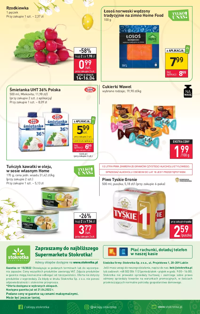 Gazetka promocyjna Stokrotka - Supermarket - ważna 14.04 do 20.04.2022 - strona 20 - produkty: Cukier, Cukierki, Gra, Kawa, Mleko, Mlekovita, O nas, Olej, Piwa, Piwo, Rzodkiewka, Sos, Telefon, Tuńczyk, Tyskie, Wagi, Wawel