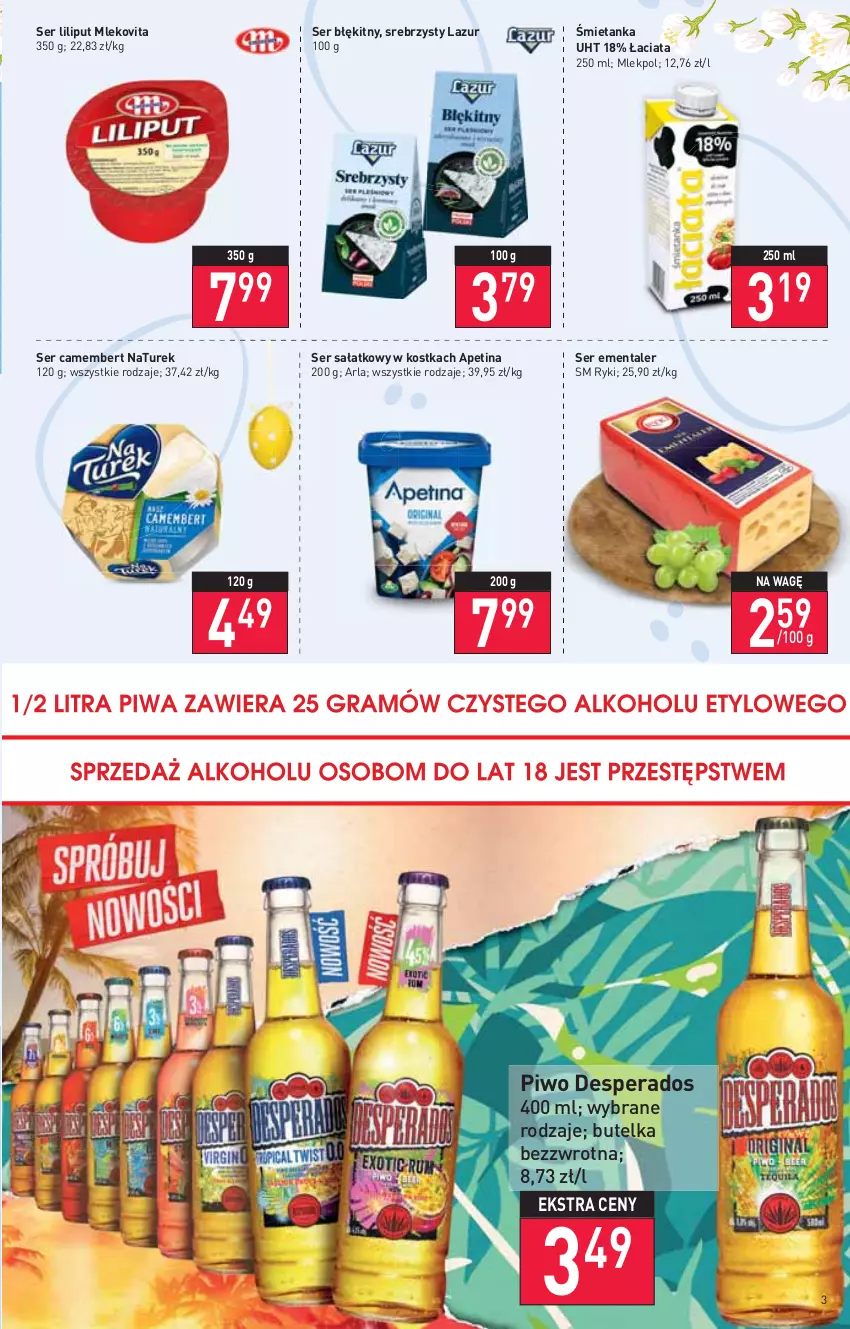 Gazetka promocyjna Stokrotka - Supermarket - ważna 14.04 do 20.04.2022 - strona 3 - produkty: Camembert, Desperados, Ementaler, Lazur, Mleko, Mlekovita, NaTurek, Piwo, Sałat, Ser