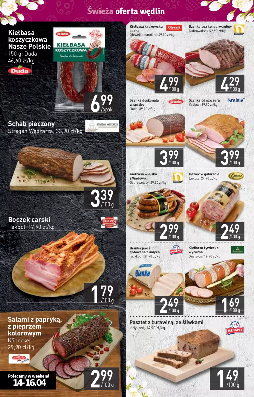 Gazetka promocyjna Stokrotka - Supermarket - ważna 14.04 do 20.04.2022 - strona 4 - produkty: Bianka, Boczek, Cars, Duda, Gala, Gra, HP, Kiełbasa, Kiełbasa krakowska, Kiełbasa wiejska, Kosz, Krakus, Olewnik, Pasztet, Pekpol, Piec, Pieprz, Salami, Salami z papryką, Schab pieczony, Ser, Szynka