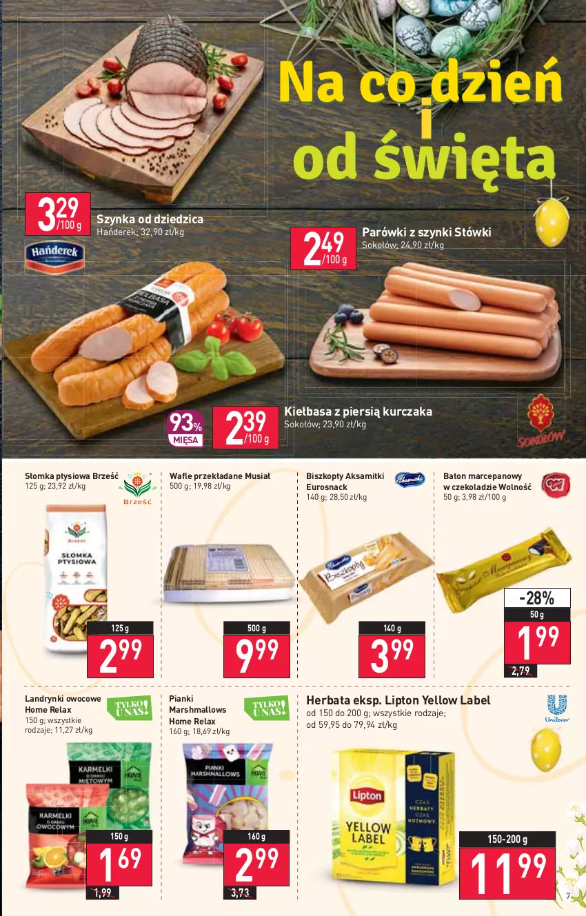 Gazetka promocyjna Stokrotka - Supermarket - ważna 14.04 do 20.04.2022 - strona 7 - produkty: Aksam, Baton, Baton marcepanowy, Biszkopty, Herbata, Kiełbasa, Kurczak, Lipton, Mars, Marshmallows, Mus, Parówki, Parówki z szynki, Sok, Sokołów, Szynka, Wafle