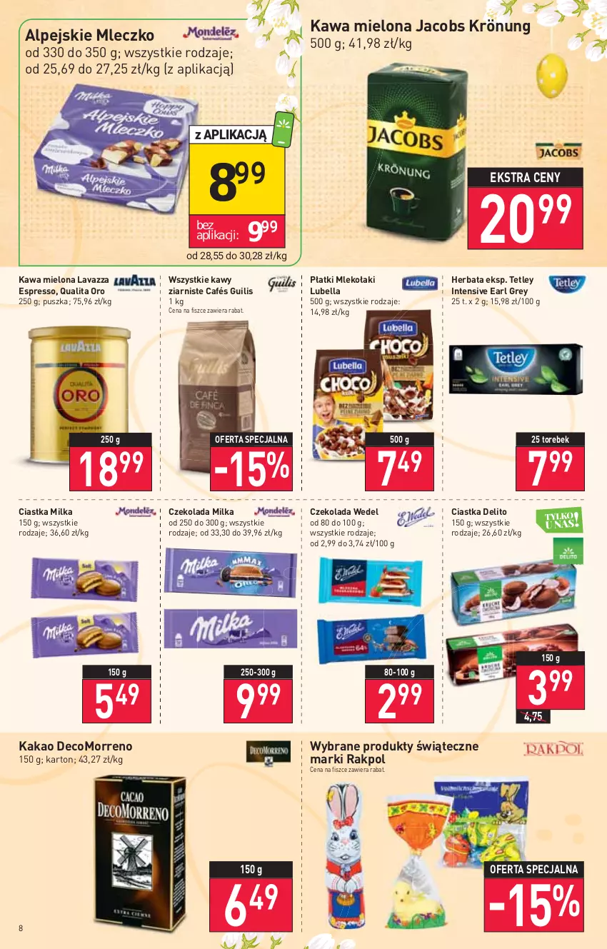 Gazetka promocyjna Stokrotka - Supermarket - ważna 14.04 do 20.04.2022 - strona 8 - produkty: Bell, Bella, Ciastka, Czekolada, Earl Grey, Herbata, Jacobs, Jacobs Krönung, Kakao, Kawa, Kawa mielona, Lavazza, Lubella, Milka, Mleczko, Mleko, Tetley