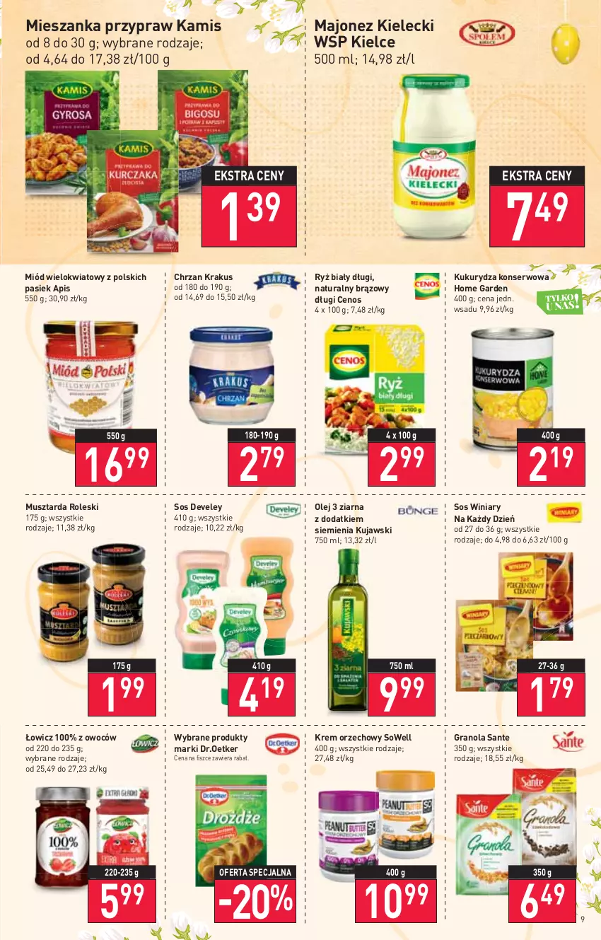 Gazetka promocyjna Stokrotka - Supermarket - ważna 14.04 do 20.04.2022 - strona 9 - produkty: Cenos, Chrzan, Gra, Granola, Kamis, Krakus, Krem orzechowy, Kujawski, Kukurydza, Kukurydza konserwowa, Majonez, Miód, Mus, Musztarda, Olej, Ryż, Ryż biały, Sante, Ser, Sos, Winiary