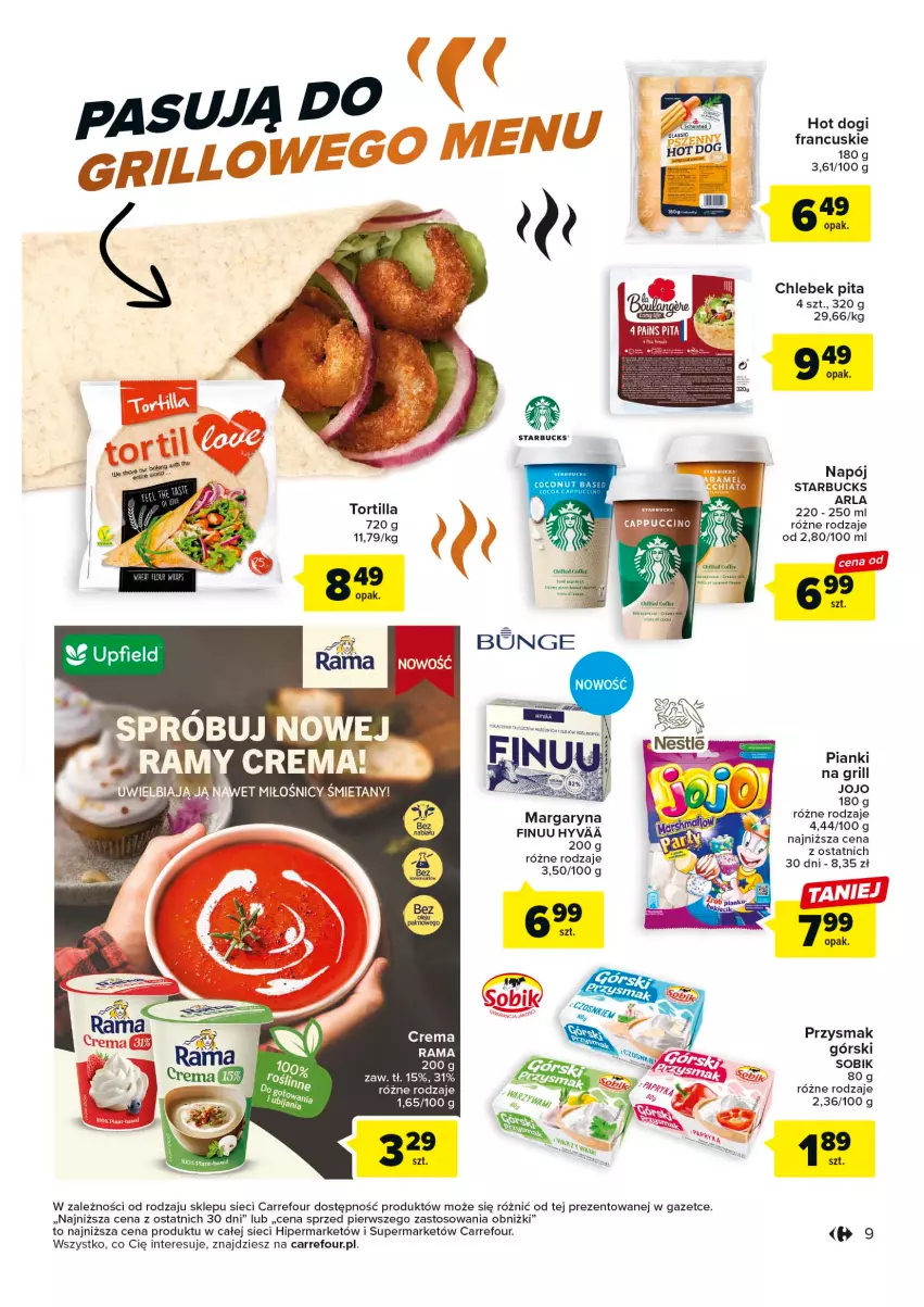 Gazetka promocyjna Carrefour - Gazetka Odpalamy sezon na grilla - ważna 25.04 do 06.05.2023 - strona 9 - produkty: Chleb, Finuu, Grill, Hot dog, Margaryna, Napój, Tortilla