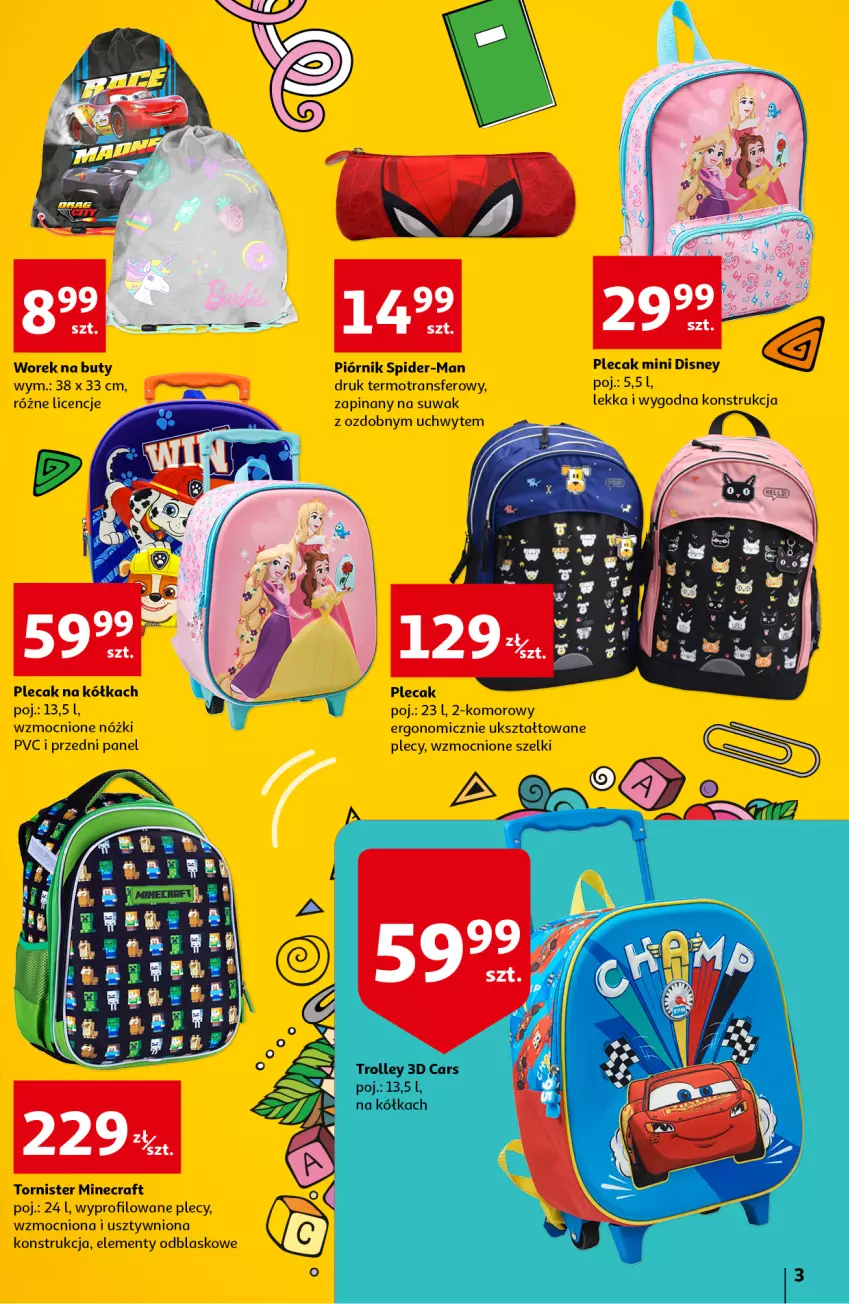 Gazetka promocyjna Auchan - Szkoła Hipermarkety - ważna 15.07 do 28.07.2021 - strona 3 - produkty: Buty, Cars, Disney, Minecraft, Piórnik, Plecak, Tran