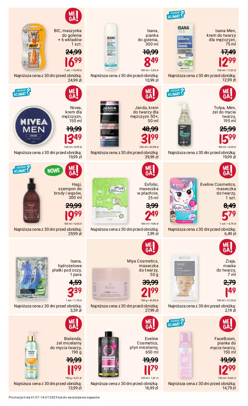 Gazetka promocyjna Rossmann - 1 lipca - ważna 01.07 do 14.07.2023 - strona 11 - produkty: BIC, Bielenda, Eveline, Fa, Hydrożelowe płatki pod oczy, Isana, Krem do twarzy, Maska, Maska do twarzy, Maszynka, Maszynka do golenia, Miya Cosmetics, Nivea, Pianka do golenia, Pianka do mycia twarzy, Płyn micelarny, Szampon, Szynka, Tołpa, Ziaja