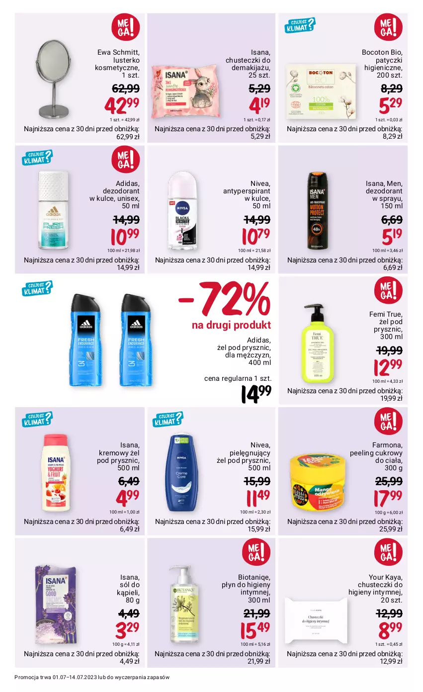 Gazetka promocyjna Rossmann - 1 lipca - ważna 01.07 do 14.07.2023 - strona 6 - produkty: Adidas, Antyperspirant, Chusteczki, Chusteczki do higieny, Dezodorant, Ewa Schmitt, Fa, Isana, Lusterko kosmetyczne, Makijaż, Nivea, Peeling, Płyn do higieny intymnej, Sól, Sól do kąpieli