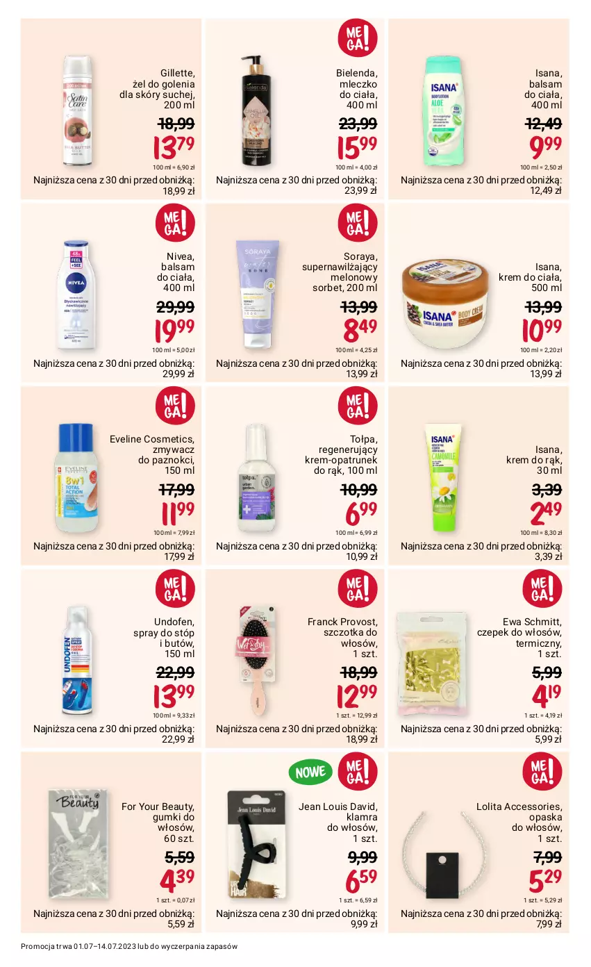 Gazetka promocyjna Rossmann - 1 lipca - ważna 01.07 do 14.07.2023 - strona 9 - produkty: Balsam do ciała, Bielenda, Eveline, Ewa Schmitt, For Your Beauty, Franck Provost, Gillette, Isana, Krem do ciała, Krem do rąk, Melon, Mleczko, Mleczko do ciała, Nivea, Opaska, Opaska do włosów, Szczotka, Szczotka do włosów, Tołpa, Undofen, Zmywacz do paznokci