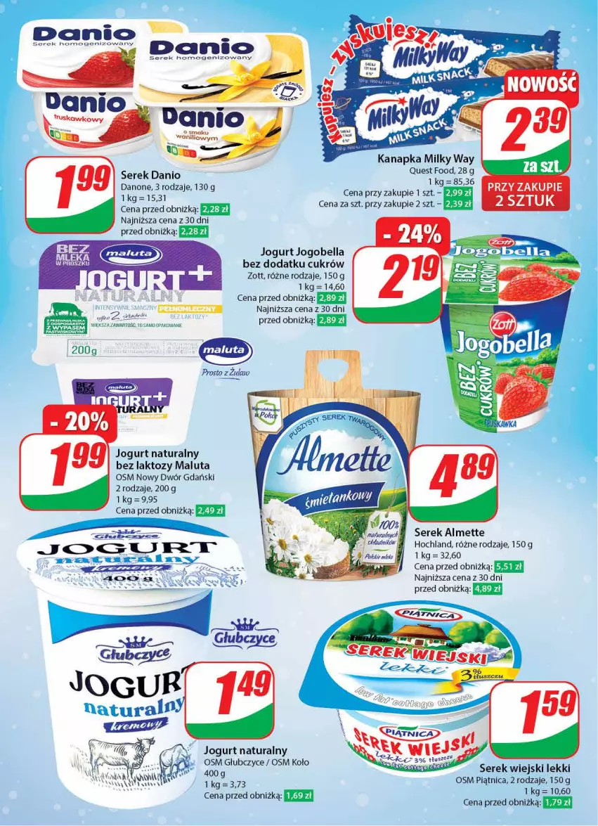 Gazetka promocyjna Dino - Gazetka 1 - ważna 04.01 do 05.01.2024 - strona 32 - produkty: Almette, Bell, Bella, Danio, Danone, Fa, Hochland, Jogobella, Jogurt, Jogurt naturalny, Milky Way, Piątnica, Piec, Por, Ser, Serek, Serek homogenizowany, Serek wiejski, Zott