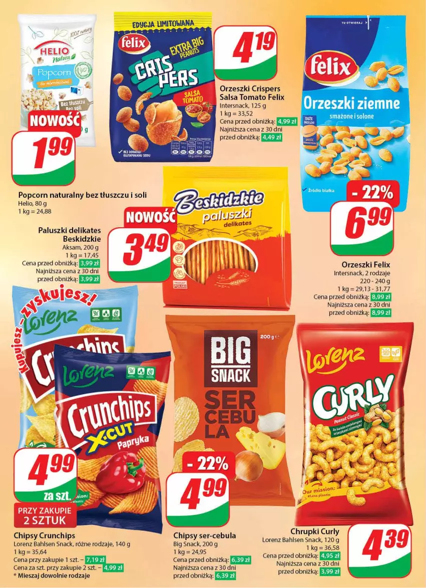 Gazetka promocyjna Dino - Gazetka 1 - ważna 04.01 do 05.01.2024 - strona 42 - produkty: Aksam, Beskidzki, Cebula, Chipsy, Chrupki, Crunchips, Fa, Felix, Helio, Lorenz, Orzeszki, Orzeszki ziemne, Popcorn, Por, Salsa, Ser