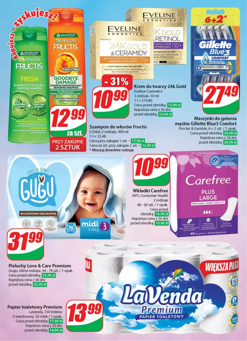 Gazetka promocyjna Dino - Gazetka 1 - ważna 04.01 do 05.01.2024 - strona 54 - produkty: Carefree, Eveline, Fructis, Gillette, Krem do twarzy, Mars, Papier, Papier toaletowy, Pieluchy, Szampon, Tera, Wkładki