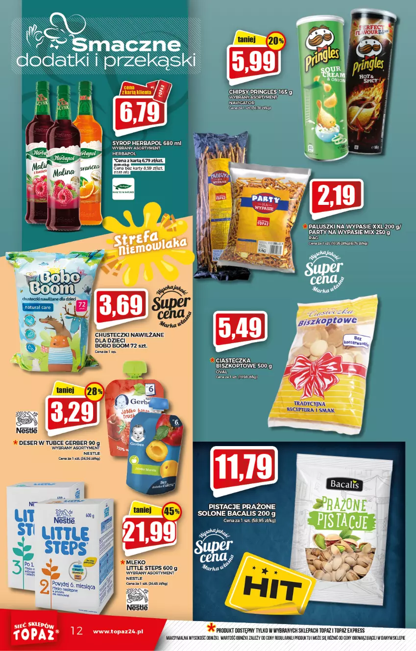 Gazetka promocyjna Topaz - Gazetka - ważna 03.02 do 09.02.2022 - strona 12 - produkty: Chipsy, Chusteczki, Deser, Dzieci, Gerber, Herbapol, Mleko, Pistacje, Pringles, Ser, Sok, Syrop, Top, Warka