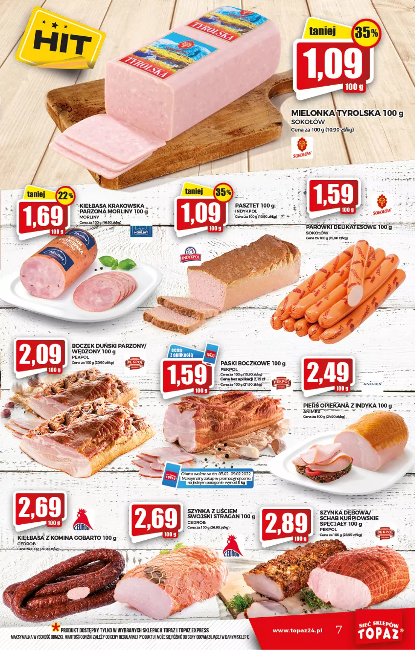 Gazetka promocyjna Topaz - Gazetka - ważna 03.02 do 09.02.2022 - strona 7 - produkty: Boczek, Kiełbasa, Kiełbasa krakowska, Morliny, Parówki, Pekpol, Sok, Sokołów, Szynka, Top