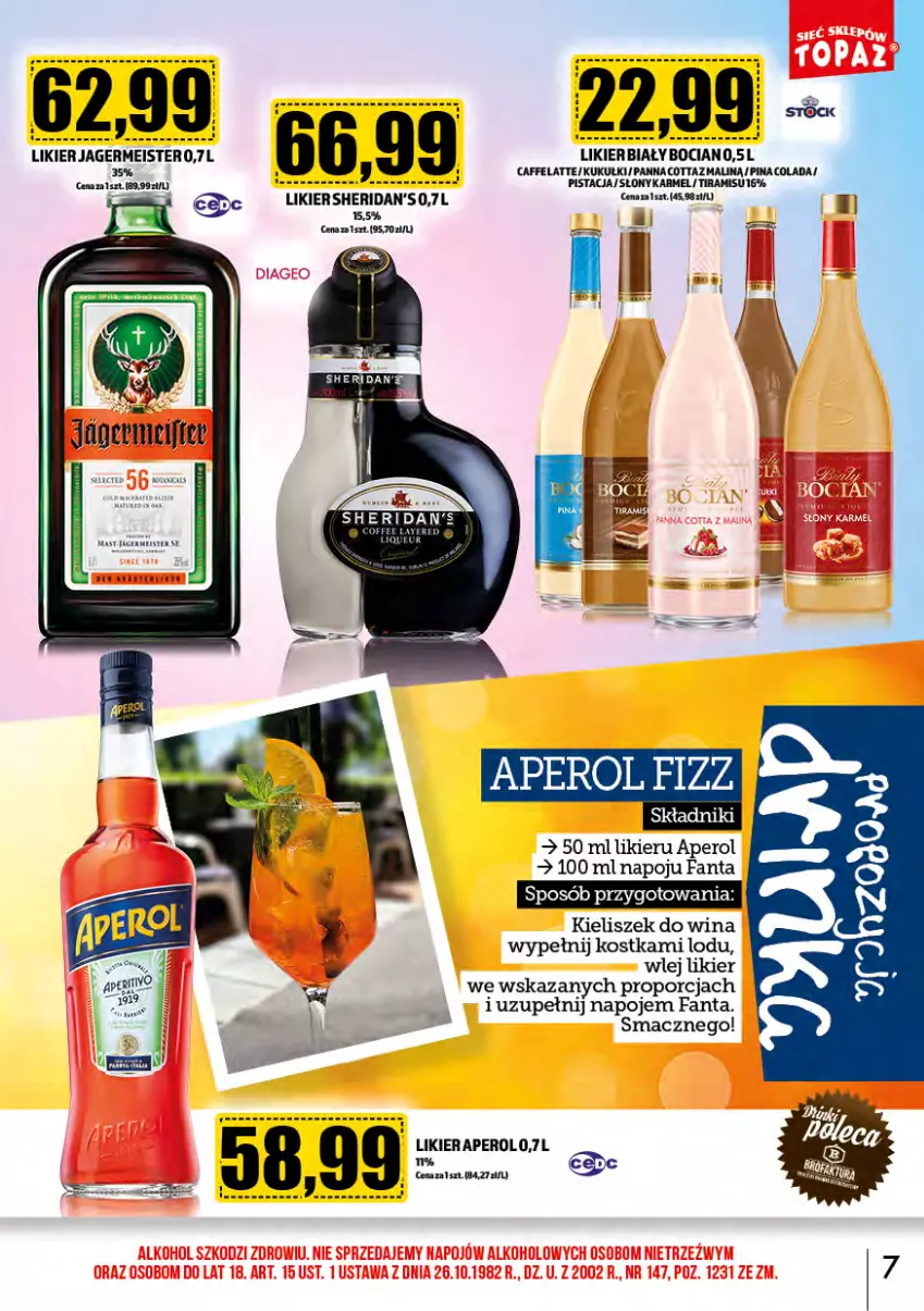 Gazetka promocyjna Topaz - Gazetka - ważna 01.06 do 30.06.2024 - strona 7 - produkty: Aperol, Biały Bocian, Fa, Fanta, Gaga, Jagermeister, Kieliszek, Likier, Napoje, Panna cotta, Por, Sheridan's