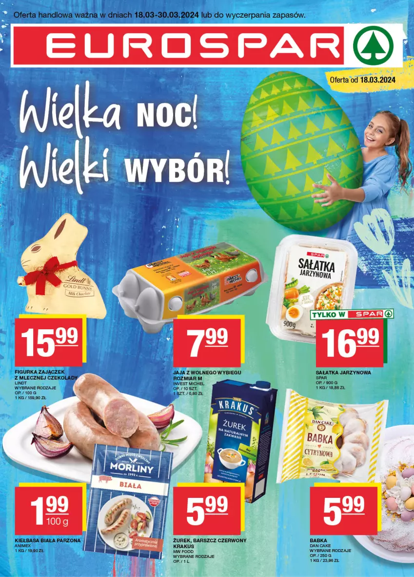 Gazetka promocyjna Spar - EuroSpar - ważna 17.03 do 27.03.2024 - strona 1 - produkty: Babka, Dan Cake, Jaja, Jaja z wolnego wybiegu, Kiełbasa, Kiełbasa biała, Krakus, Lindt, Sałat, Sałatka