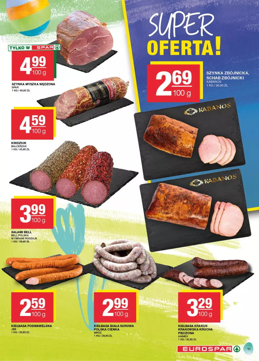 Gazetka promocyjna Spar - EuroSpar - ważna 17.03 do 27.03.2024 - strona 11 - produkty: Bell, Kabanos, Kiełbasa, Kiełbasa podwawelska, Kindziuk, Krakus, Mysz, Piec, Salami, Szynka, Wawel