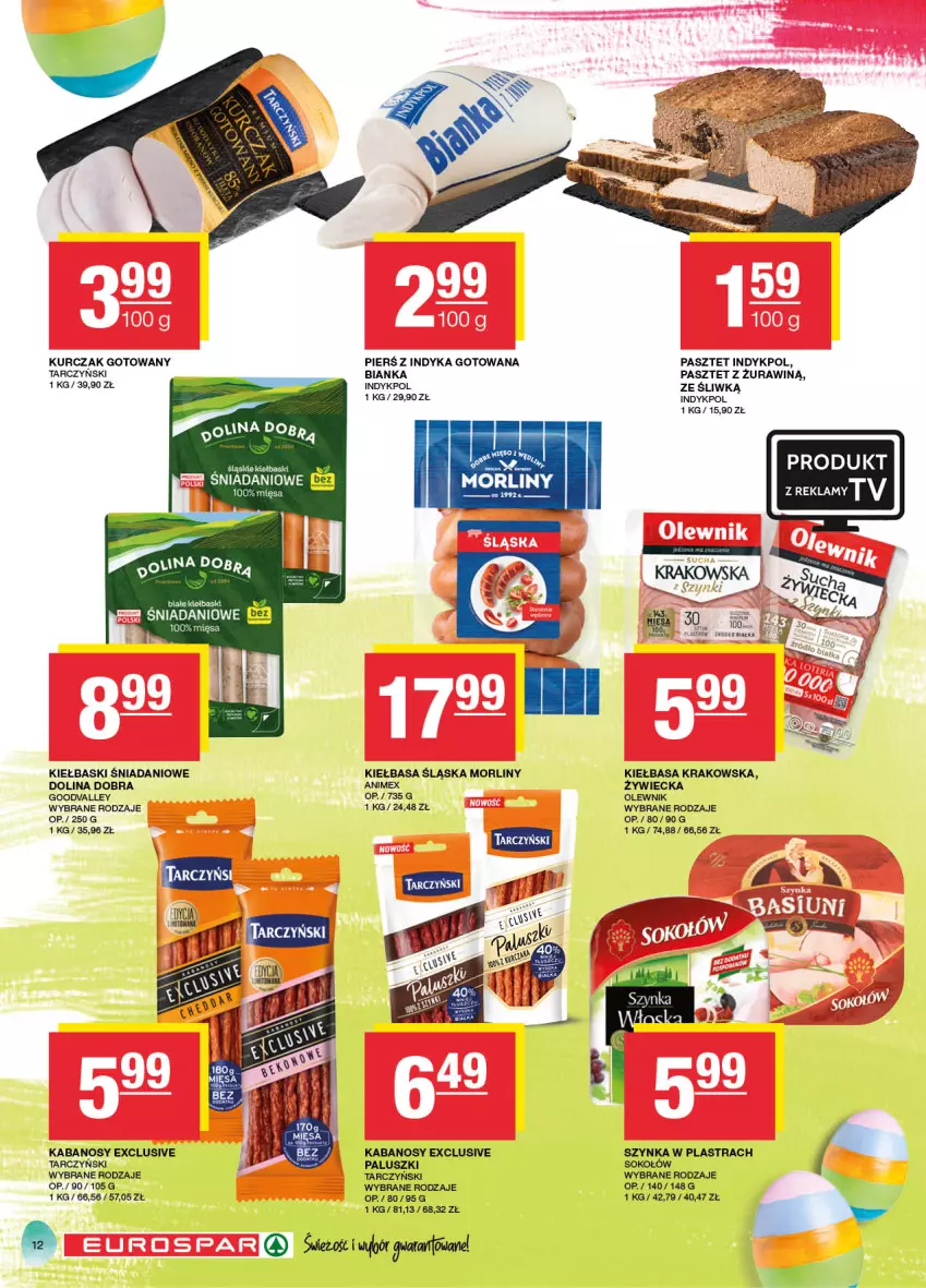 Gazetka promocyjna Spar - EuroSpar - ważna 17.03 do 27.03.2024 - strona 12 - produkty: Bianka, Danio, Kabanos, Kiełbasa, Kiełbasa krakowska, Kiełbasa śląska, Kurczak, Kurczak gotowany, Morliny, Olewnik, Pasztet, Sok, Sokołów, Szynka, Tarczyński