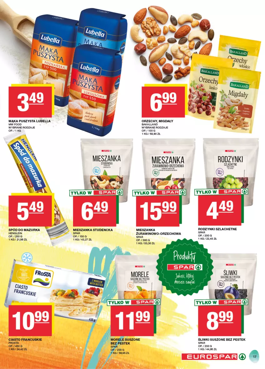 Gazetka promocyjna Spar - EuroSpar - ważna 17.03 do 27.03.2024 - strona 17 - produkty: Bakalland, Bell, Bella, Bezy, Ciasto francuskie, Fa, Frosta, Lubella, Mąka, Mieszanka studencka, Migdały, Rodzynki, Stek, Wino