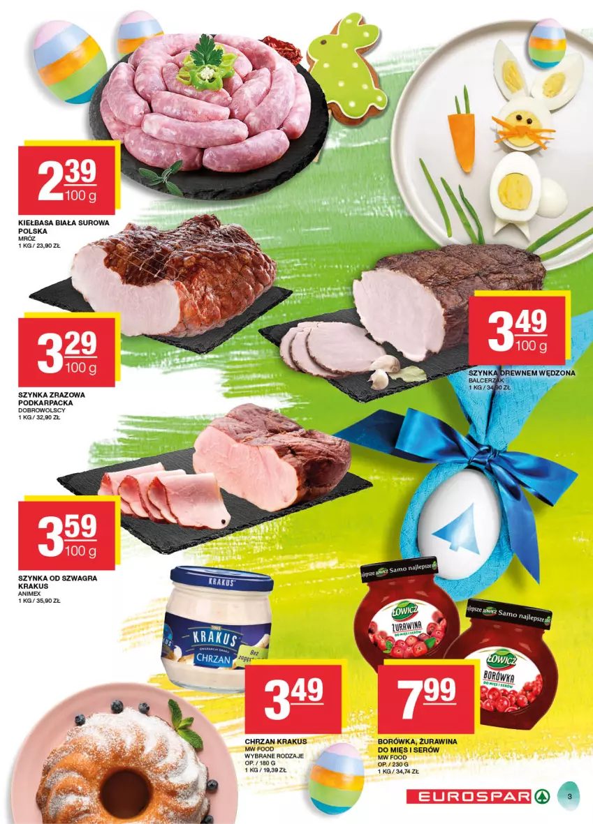 Gazetka promocyjna Spar - EuroSpar - ważna 17.03 do 27.03.2024 - strona 3 - produkty: Borówka, Chrzan, Gra, Karp, Kiełbasa, Kiełbasa biała, Krakus, Ser, Szynka