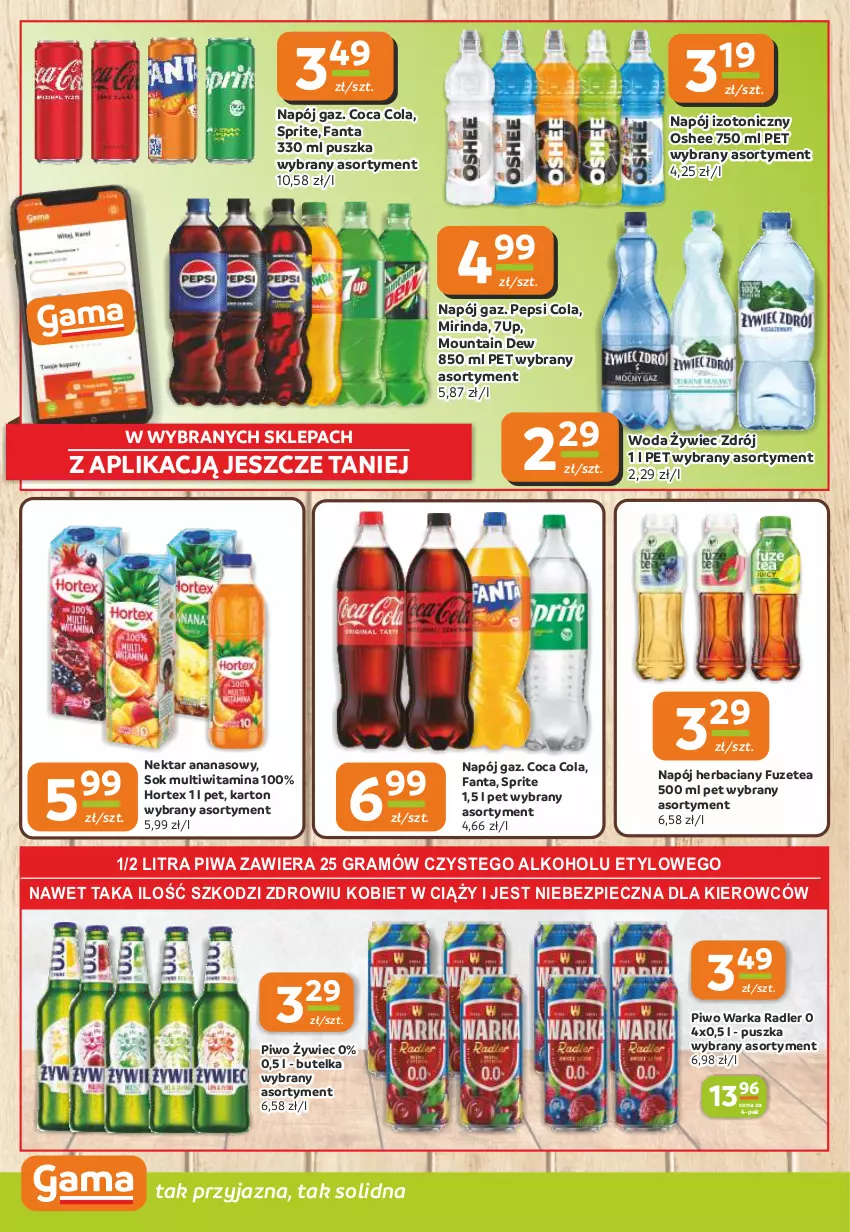 Gazetka promocyjna Gama - Gazetka Gama - ważna 02.10 do 14.10.2025 - strona 10 - produkty: 7up, Ananas, Fa, Fanta, Gra, Hortex, Mirinda, Napój, Napój izotoniczny, Nektar, Oshee, Pepsi, Piec, Piwa, Piwo, Radler, Sok, Sprite, Warka, Woda