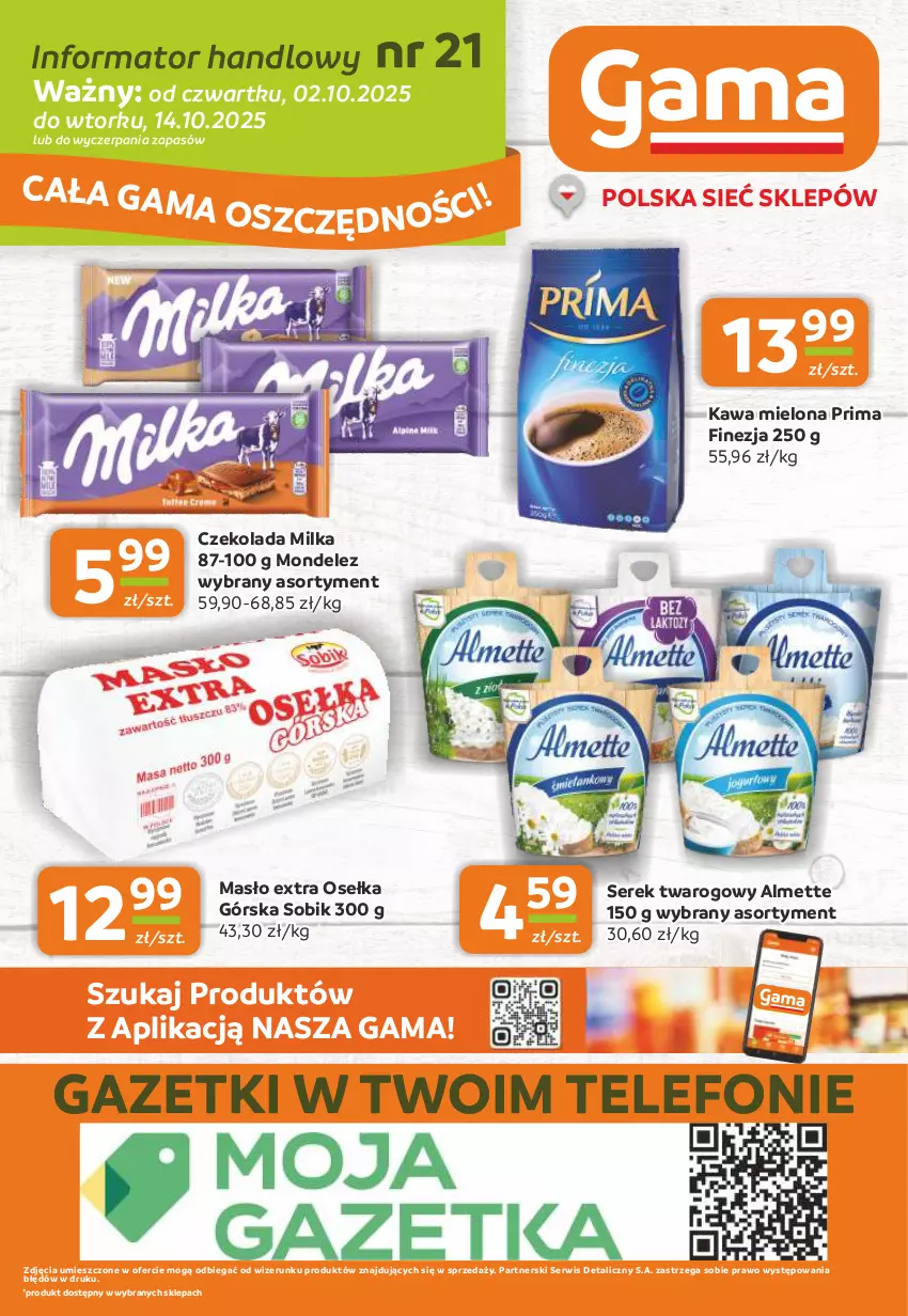 Gazetka promocyjna Gama - Gazetka Gama - ważna 02.10 do 14.10.2025 - strona 12 - produkty: Almette, Czekolada, Kawa, Kawa mielona, Masło, Milka, Prima, Ser, Serek, Serek twarogowy, Telefon