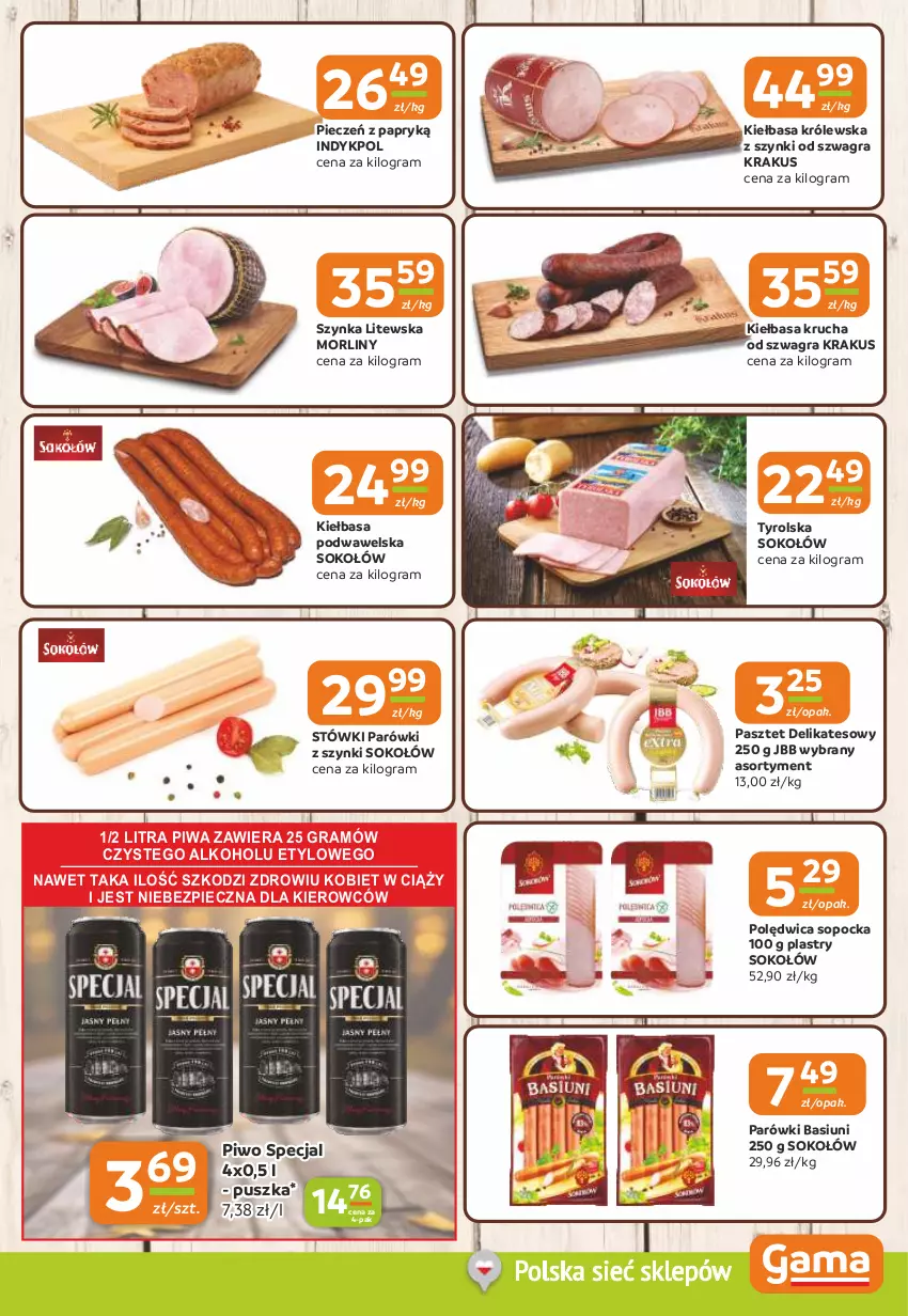 Gazetka promocyjna Gama - Gazetka Gama - ważna 02.10 do 14.10.2025 - strona 3 - produkty: Gra, Kiełbasa, Kiełbasa krucha, Kiełbasa podwawelska, Krakus, Morliny, Parówki, Parówki z szynki, Pasztet, Piec, Piwa, Piwo, Polędwica, Sok, Sokołów, Szynka, Wawel