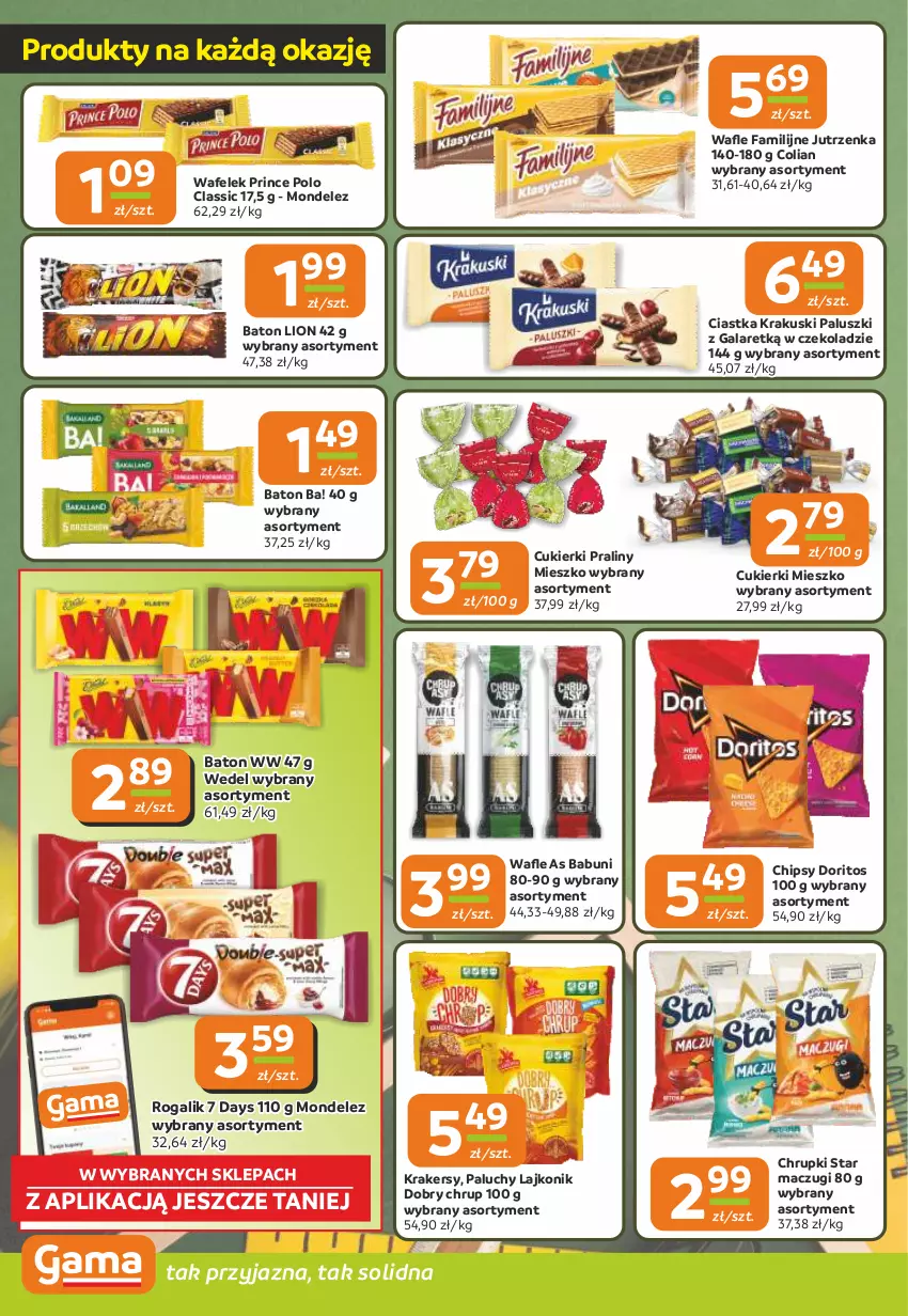 Gazetka promocyjna Gama - Gazetka Gama - ważna 02.10 do 14.10.2025 - strona 4 - produkty: 7 Days, Ba!, Babuni, Baton, Chipsy, Chrupki, Ciastka, Cukier, Cukierki, Fa, Gala, Jutrzenka, Krakersy, Krakus, Krakuski, Lajkonik, Lion, Praliny, Prince Polo, Rogal, Wafelek