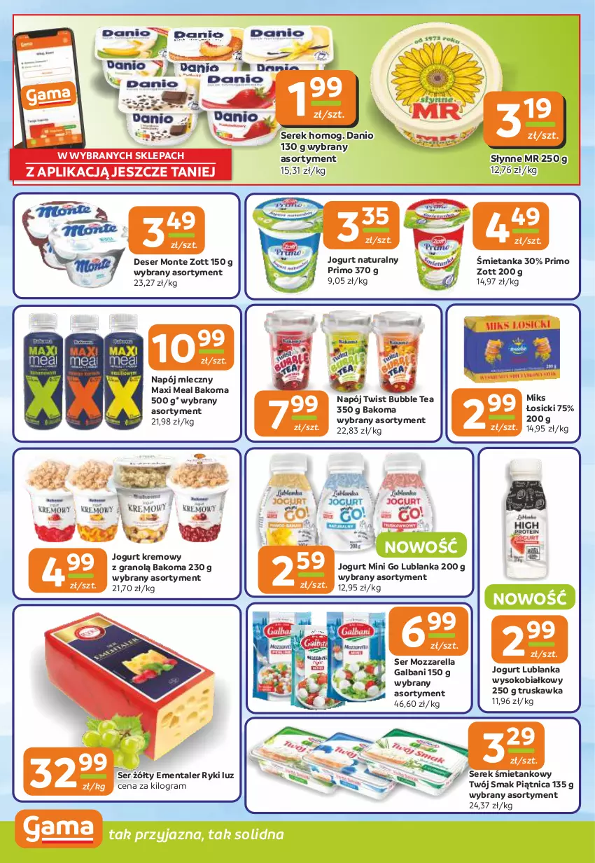 Gazetka promocyjna Gama - Gazetka Gama - ważna 02.10 do 14.10.2025 - strona 6 - produkty: Bakoma, Danio, Deser, Ementaler, Galbani, Gra, Jogurt, Jogurt naturalny, Monte, Mozzarella, Napój, Napój mleczny, Piątnica, Ser, Serek, Słynne, Sok, Twój Smak, Zott
