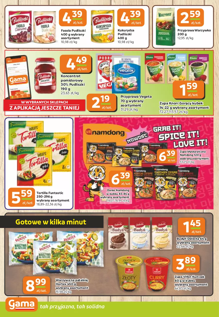 Gazetka promocyjna Gama - Gazetka Gama - ważna 02.10 do 14.10.2025 - strona 8 - produkty: Budyń, Delecta, Fa, Fasola, Hortex, Knorr, Koncentrat pomidorowy, Kubek, Kukurydza, Kurczak, Pudliszki, Tortilla, Vegeta, Warzywa, Zupa