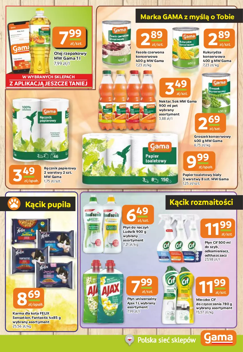 Gazetka promocyjna Gama - Gazetka Gama - ważna 02.10 do 14.10.2025 - strona 9 - produkty: Ajax, Cif, Fa, Fanta, Fasola, Felix, Groszek, Kukurydza, Kukurydza konserwowa, Ludwik, Mleczko, Nektar, Odkamieniacz, Odtłuszczacz, Olej, Olej rzepakowy, Papier, Papier toaletowy, Ręcznik, Sati, Ser, Sok