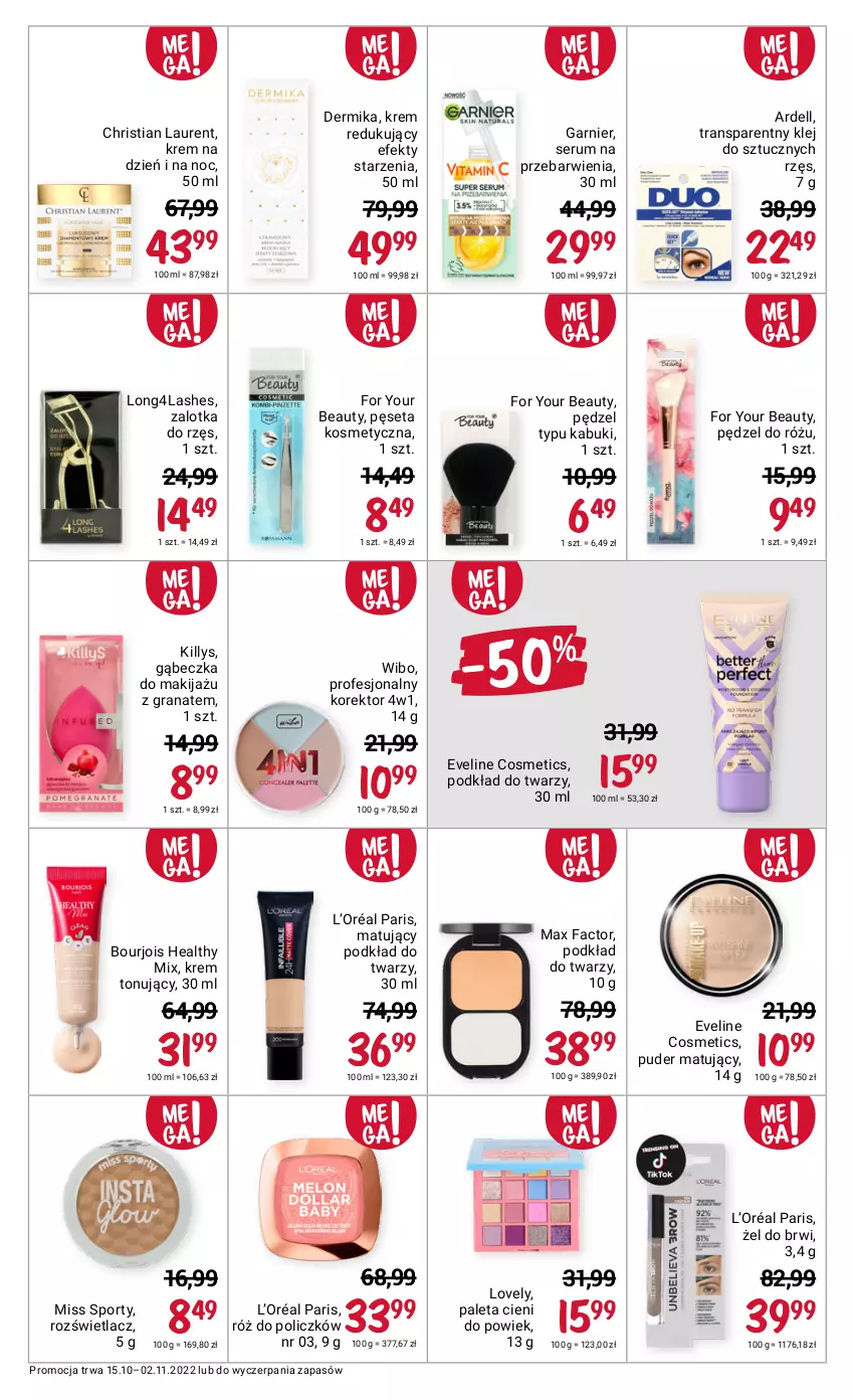 Gazetka promocyjna Rossmann - 15 października - ważna 15.10 do 02.11.2022 - strona 8 - produkty: Bourjois, Dell, Dermika, Eveline, Fa, For Your Beauty, Garnier, Gra, Granat, Killys, Klej, Krem na dzień, Krem na dzień i na noc, L’Oréal, Laur, Lovely, Makijaż, Max Factor, Miss Sporty, Paleta, Pędzel do różu, Pęseta, Podkład, Podkład do twarzy, Por, Puder, Róż do policzków, Rozświetlacz, Rum, Ser, Serum, Sport, Tran, Wibo