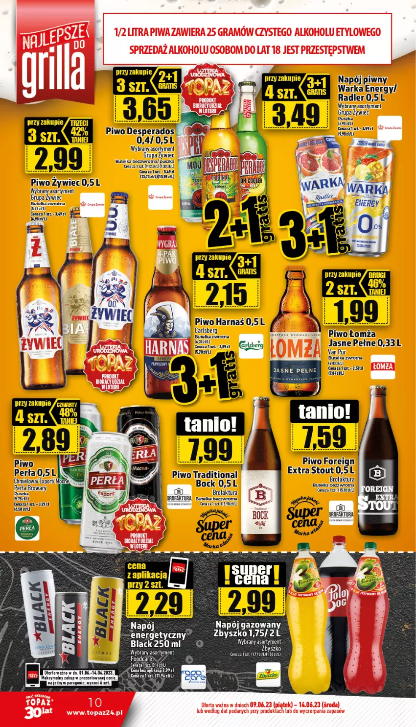 Gazetka promocyjna Topaz - Gazetka - ważna 09.06 do 14.06.2023 - strona 10 - produkty: Desperados, Fa, Lack, Napój, Napój gazowany, Piwo, Radler, Warka