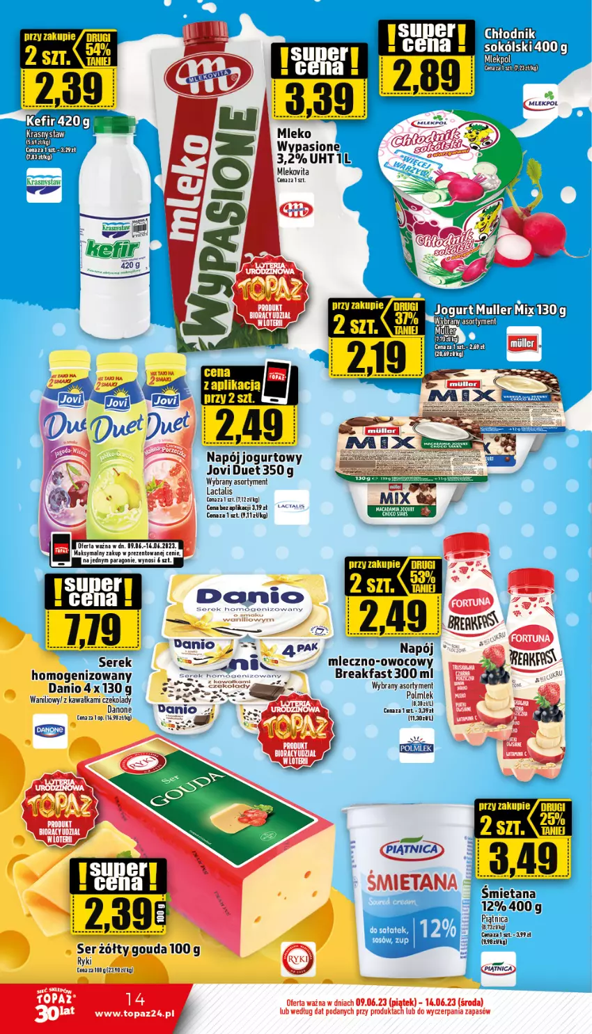 Gazetka promocyjna Topaz - Gazetka - ważna 09.06 do 14.06.2023 - strona 14 - produkty: Danio, Danone, Fa, Gouda, Jogurt, Kawa, Mleko, Mlekovita, Napój, Napój jogurtowy, Ser, Serek, Vita C