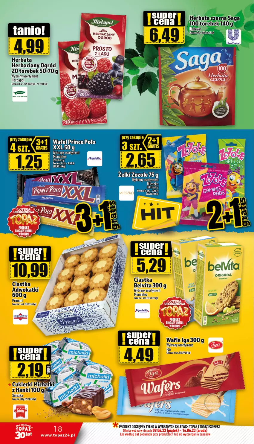 Gazetka promocyjna Topaz - Gazetka - ważna 09.06 do 14.06.2023 - strona 18 - produkty: BelVita, Ciastka, Herbapol, Herbata, LG, Ogród, Prince Polo, Saga, Top, Wafle