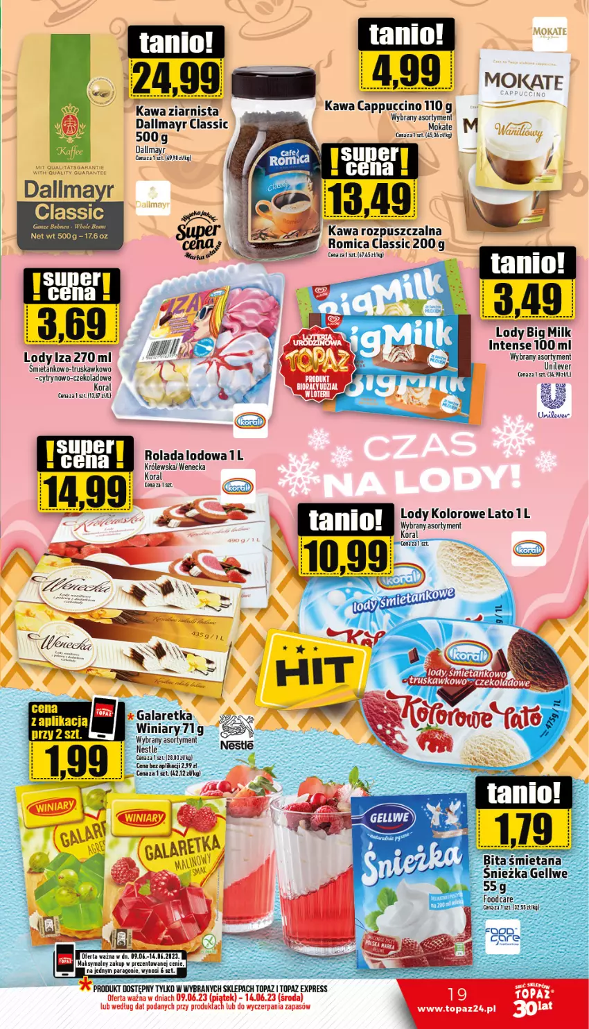 Gazetka promocyjna Topaz - Gazetka - ważna 09.06 do 14.06.2023 - strona 19 - produkty: Cappuccino, Dallmayr, Kawa, Kawa rozpuszczalna, Kawa ziarnista, Lody, Rolada, Top