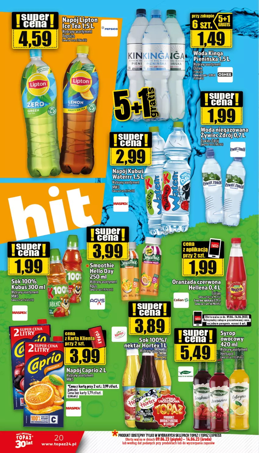 Gazetka promocyjna Topaz - Gazetka - ważna 09.06 do 14.06.2023 - strona 20 - produkty: Hortex, Kubuś, Napój, Nektar, Pepsi, Sok, Top