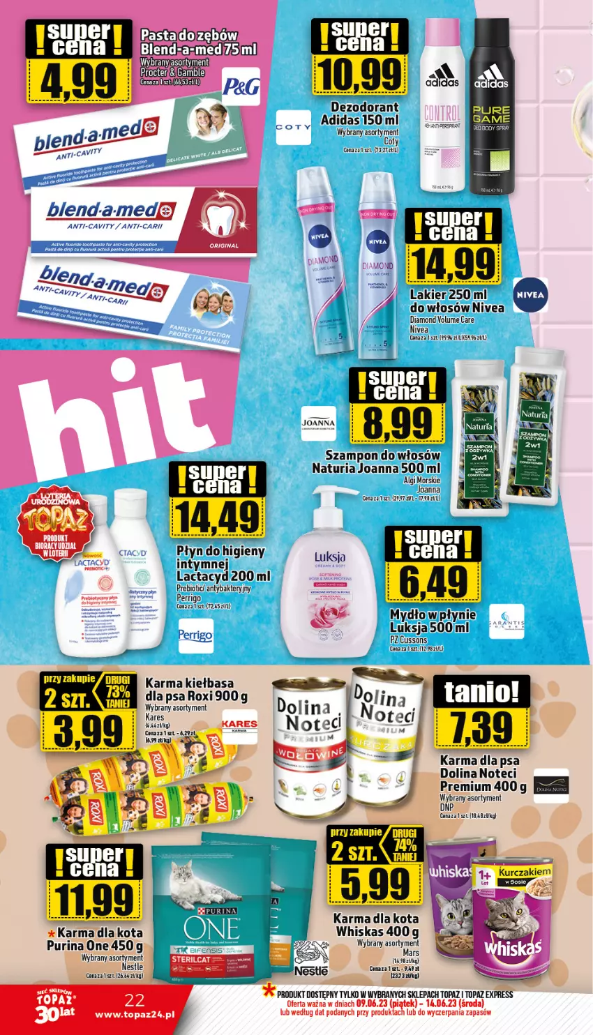 Gazetka promocyjna Topaz - Gazetka - ważna 09.06 do 14.06.2023 - strona 22 - produkty: Adidas, Dezodorant, Gin, Joanna, Kiełbasa, Lactacyd, Lakier, LG, Luksja, Mydło, Nivea, Por, Pur, Purina, Szampon, Top, Whiskas