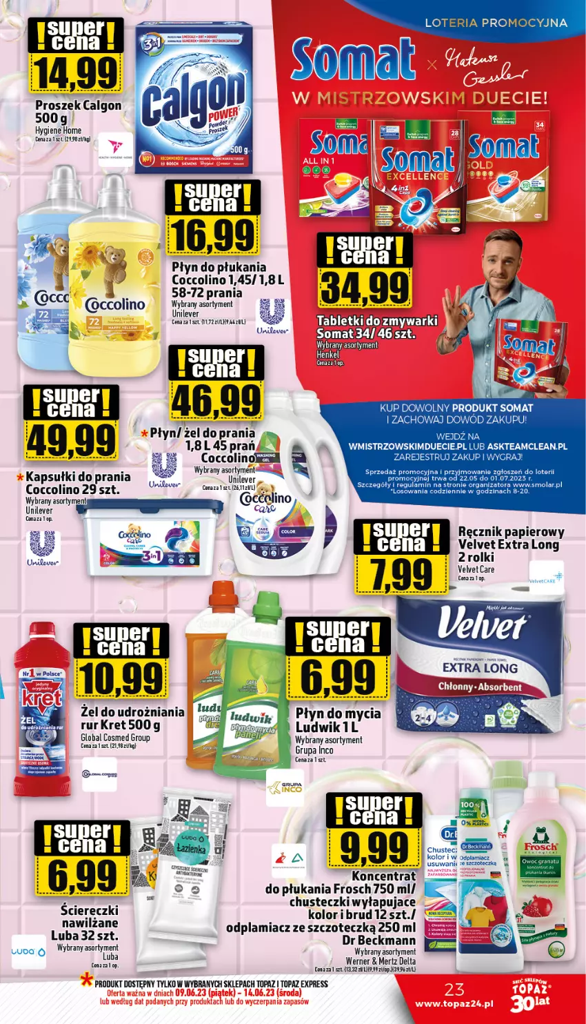 Gazetka promocyjna Topaz - Gazetka - ważna 09.06 do 14.06.2023 - strona 23 - produkty: Calgon, Chusteczki, Coccolino, Fa, Frosch, Gra, Kenzo, Kret, LG, Ludwik, Mola, Odplamiacz, Papier, Płyn do mycia, Płyn do płukania, Ręcznik, Rolki, Somat, Tablet, Top, Velvet