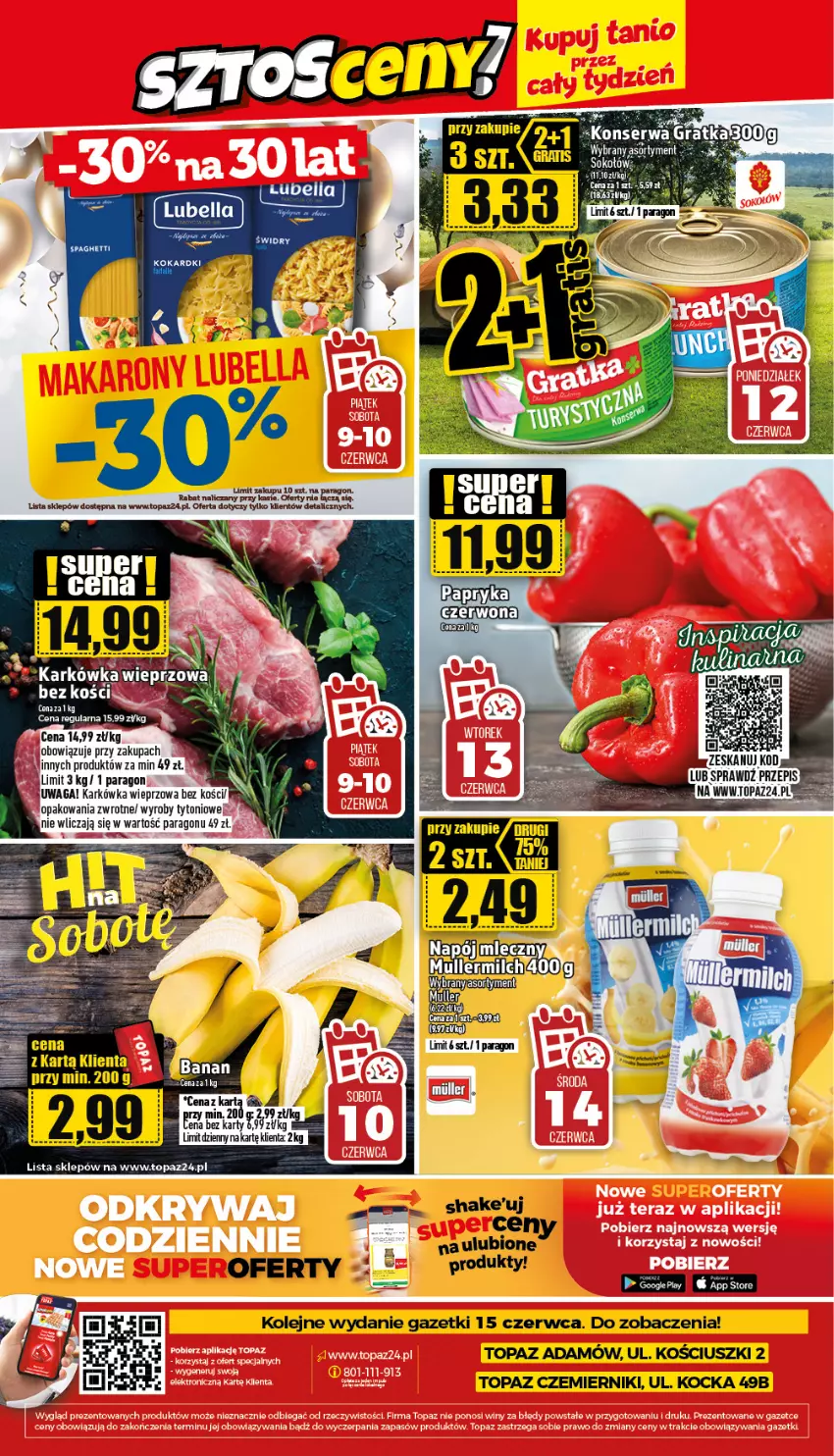 Gazetka promocyjna Topaz - Gazetka - ważna 09.06 do 14.06.2023 - strona 24 - produkty: Karkówka wieprzowa, Koc, Miecz, Napój, Olej, Por, Sok, Sokołów, Spaghetti, Top, Waga