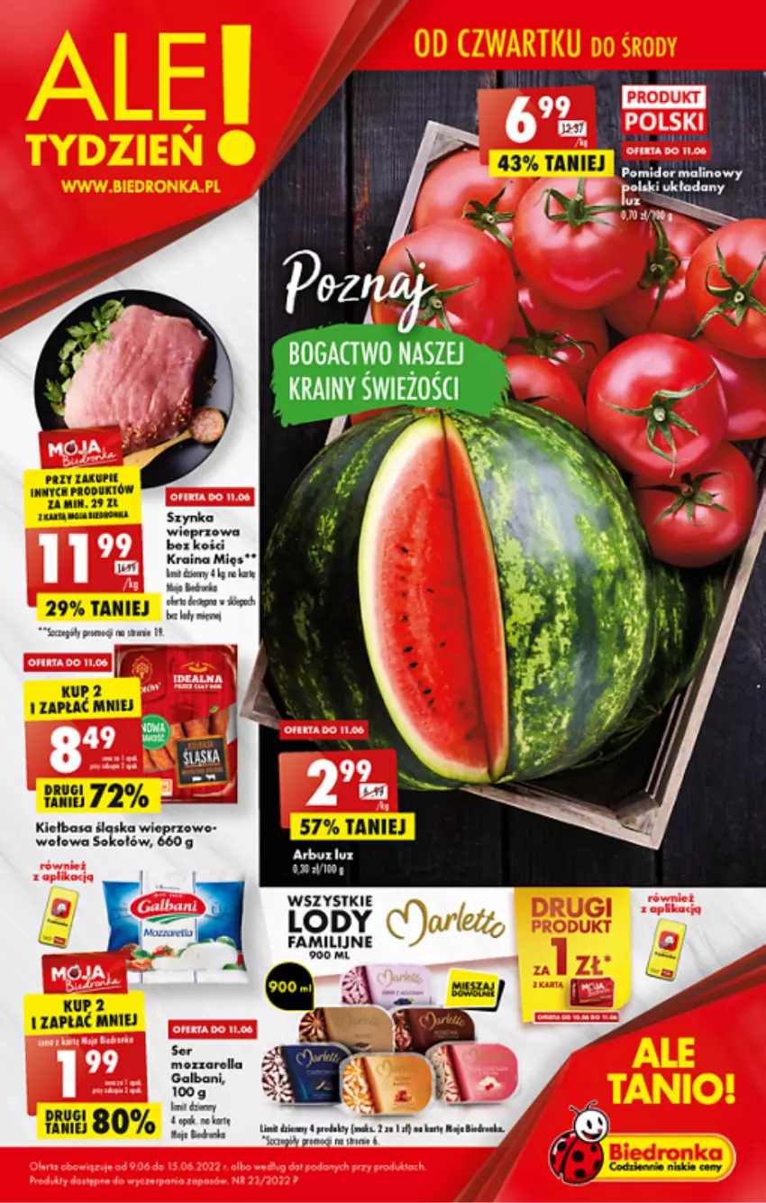 Gazetka promocyjna Biedronka - ważna 09.06 do 15.06.2022 - strona 1 - produkty: Fa, Galbani, Kiełbasa, Kiełbasa śląska, Kret, Lody, Por, Sok, Szynka