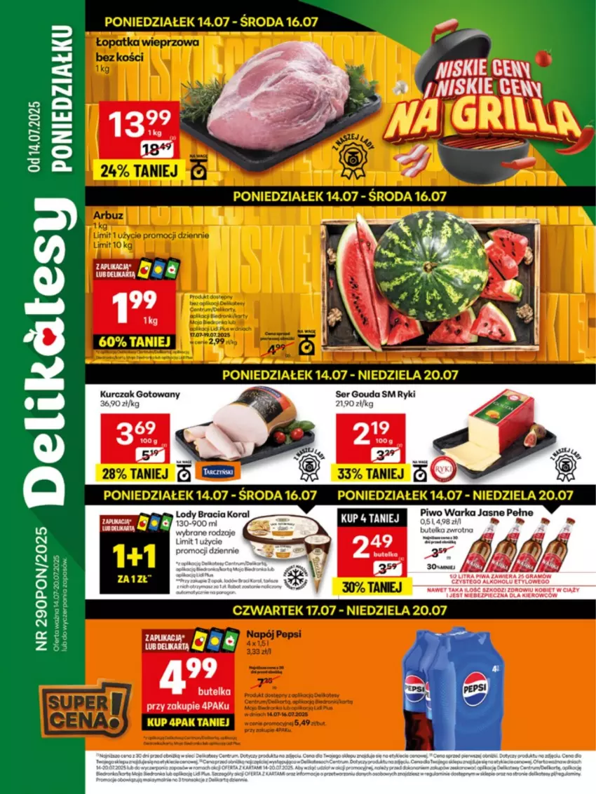 Gazetka promocyjna Delikatesy Centrum - Franczyza DC29 Poniedziałek - ważna 14.07 do 20.07.2025 - strona 1 - produkty: Gouda, Kurczak, Kurczak gotowany, Lody, Ser